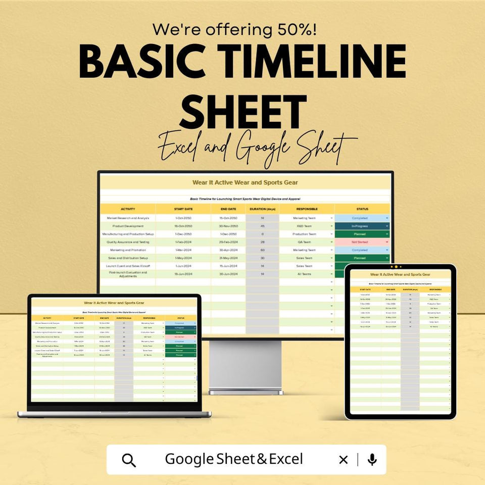 Basic Timeline Sheet | Excel and Google Sheets | Project Planner Template | Track Tasks & Deadlines | Customizable Timeline |