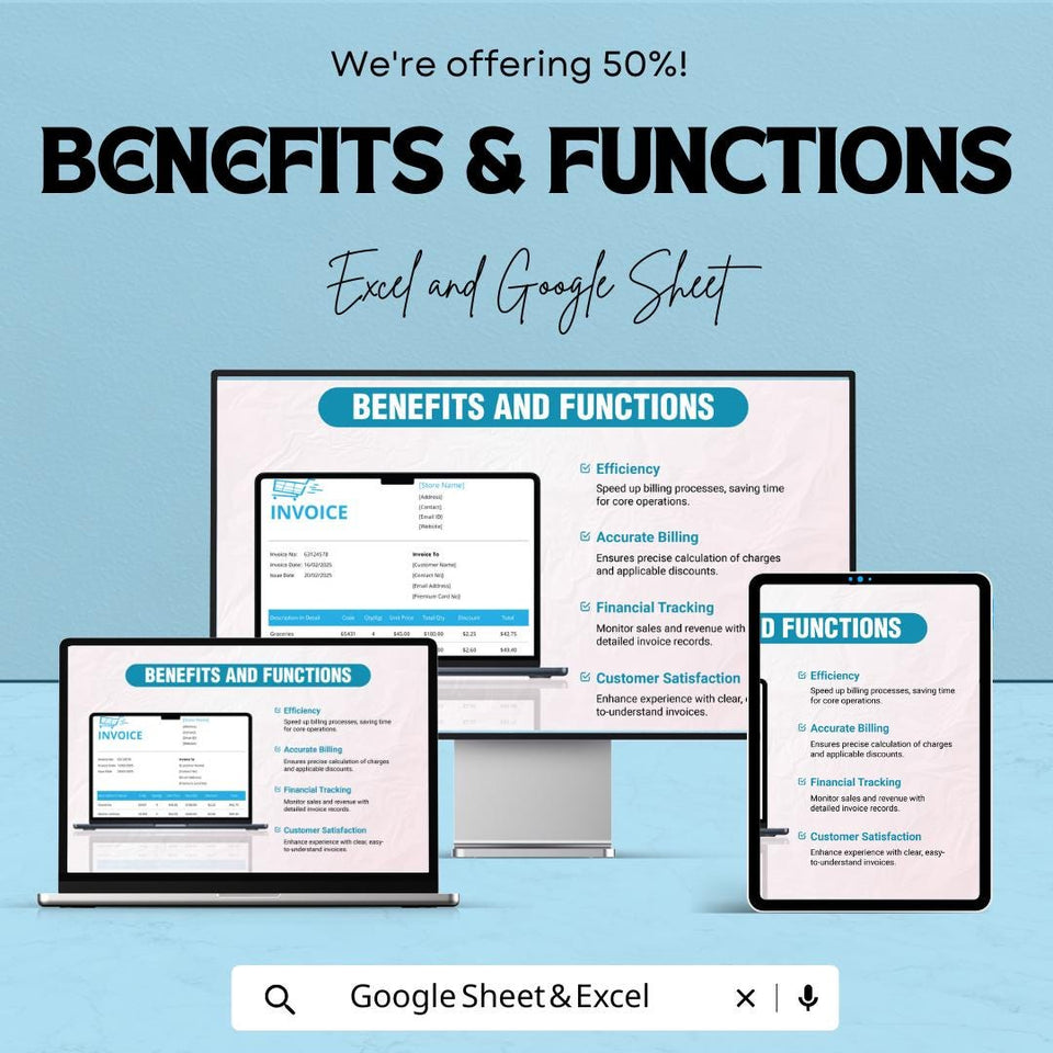 Retail Store Invoice Sheet Template for Excel and Google Sheets | Instant Download | 50% Off | Customizable & Easy Billing