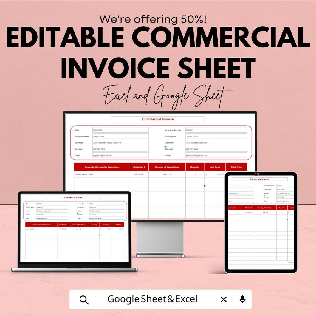 Editable Commercial Invoice Template | Excel & Google Sheets | Customizable Invoice for Business Transactions | Instant Download