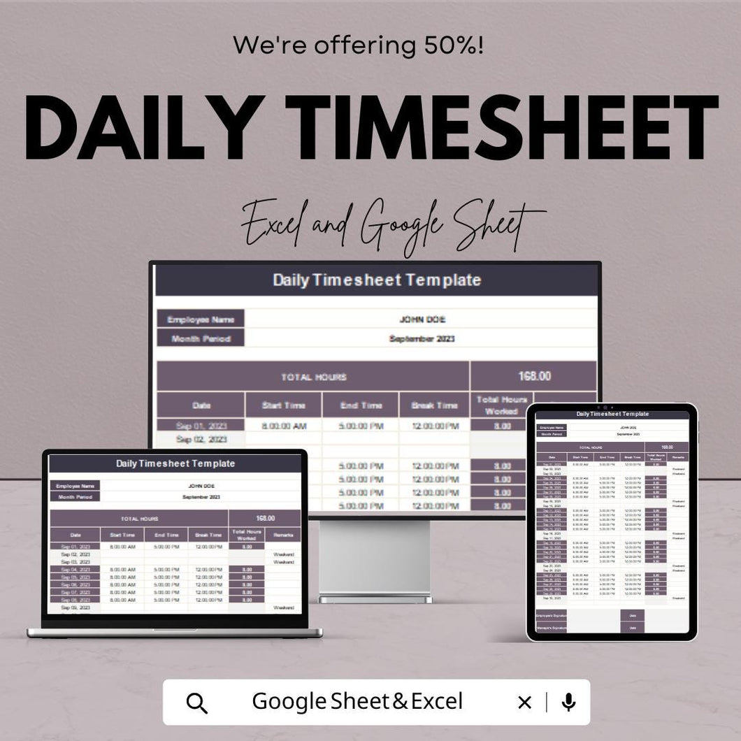 Daily Timesheet Template | Excel & Google Sheets | Employee Time Tracker | Work Hours Log | Instant Download