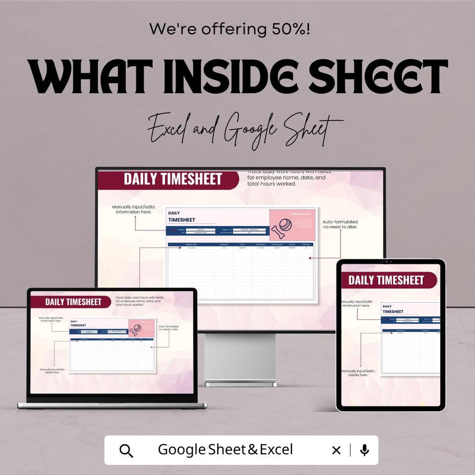 Daily Timesheet Template | Excel & Google Sheets | Employee Time Tracker | Work Hours Log | Instant Download