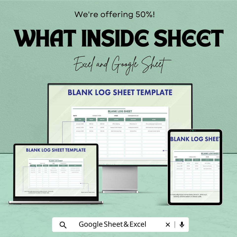 Blank Log Sheet Template | Excel and Google Sheet | Time Tracker for Meetings & Activities | Easy to Use | Instant Download