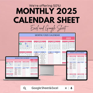 2025 Monthly Calendar Template for Excel & Google Sheets | Instant Download | Yearly Planner | Printable 2025 Calendar | 50% Off