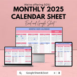 2025 Monthly Calendar Template for Excel & Google Sheets | Instant Download | Yearly Planner | Printable 2025 Calendar | 50% Off