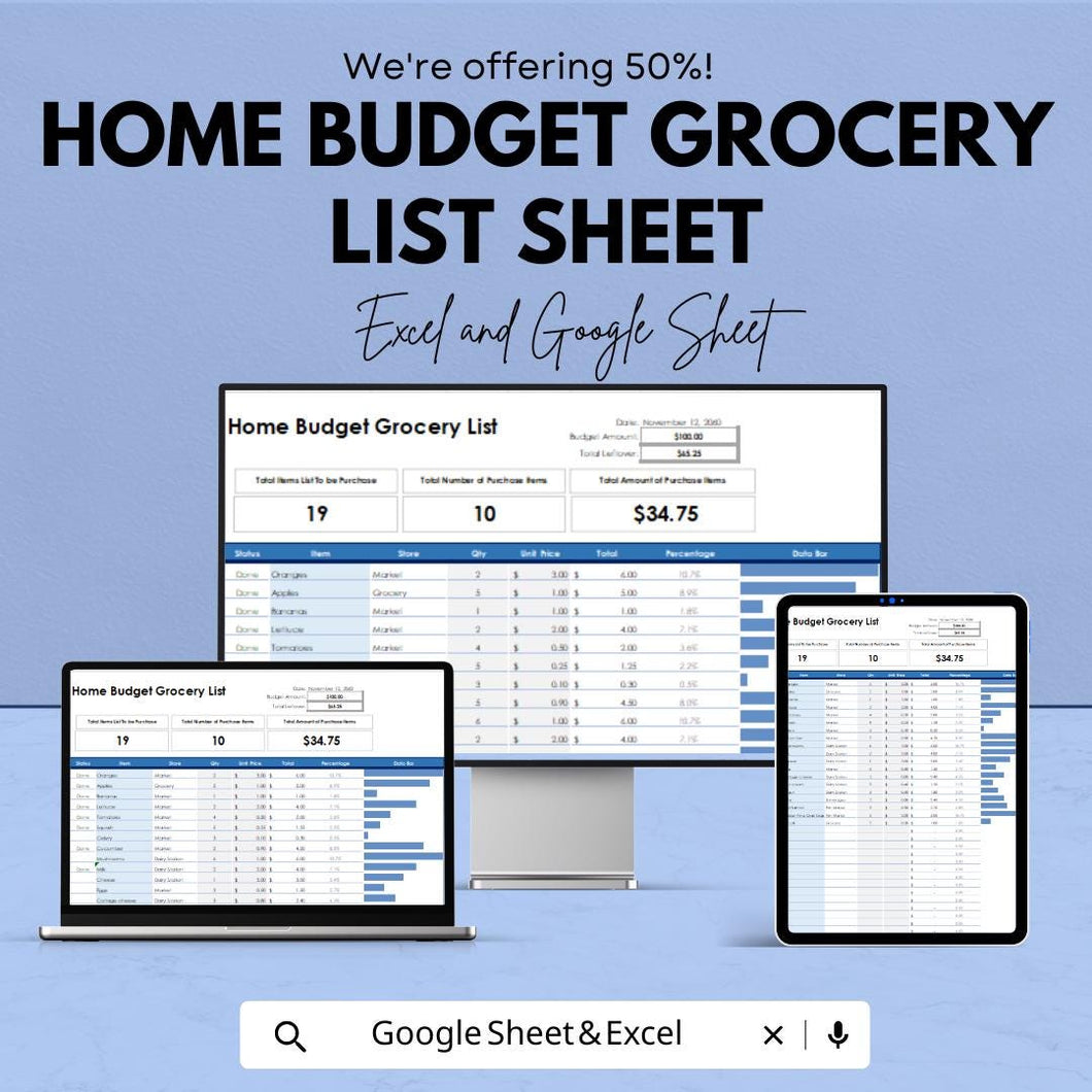 Home Budget Grocery List Template - Excel and Google Sheets | Budget Tracker & Grocery Shopping Organizer