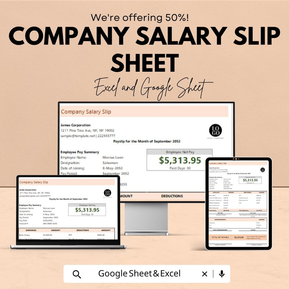 Company Salary Slip Sheet - Excel & Google Sheets Template, Payroll Tracker, Employee Payslip Generator, Instant Download