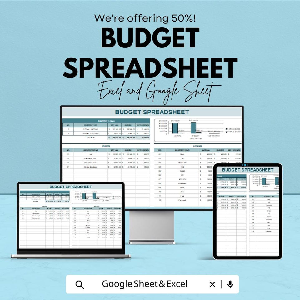 Budget Spreadsheet - Excel  and Google Sheets Template, Personal Finance Tracker, Expense & Income Budget Planner, Instant Download