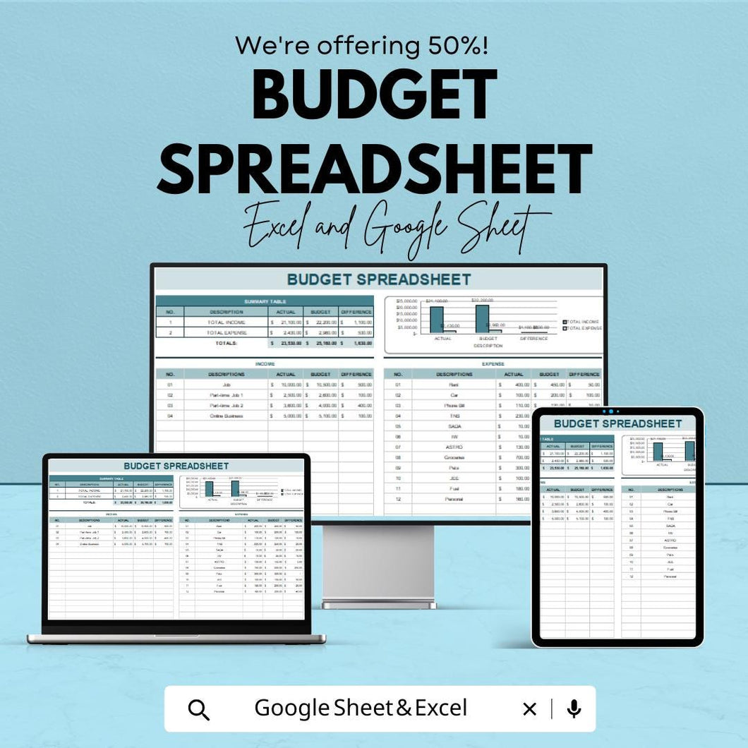 Budget Spreadsheet - Excel  and Google Sheets Template, Personal Finance Tracker, Expense & Income Budget Planner, Instant Download