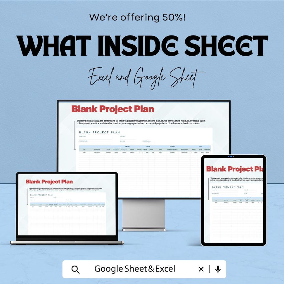 Blank Project Plan Sheet - Excel and Google Sheets, Customizable Project Management Template, Task Tracker & Planner,