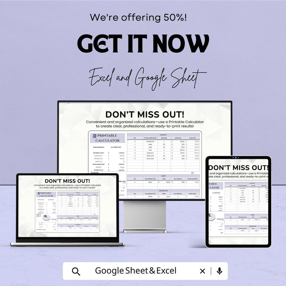 Printable Calculator Sheet | Excel & Google Sheets | Cost Estimator Template | Customizable Calculator for Pricing | Easy-to-Use Budgeting