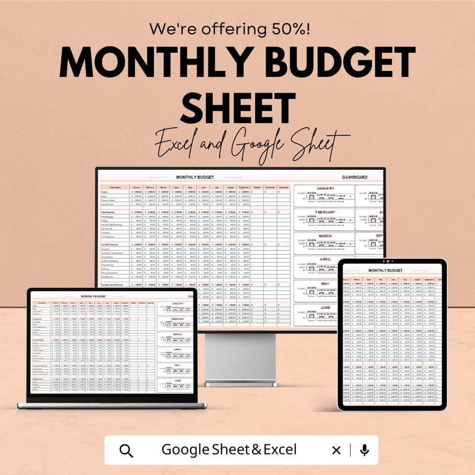 Monthly Budget Sheet - Excel & Google Sheet Template for Personal Finance, Expense Tracker, Budget Planner, Financial Management Tool