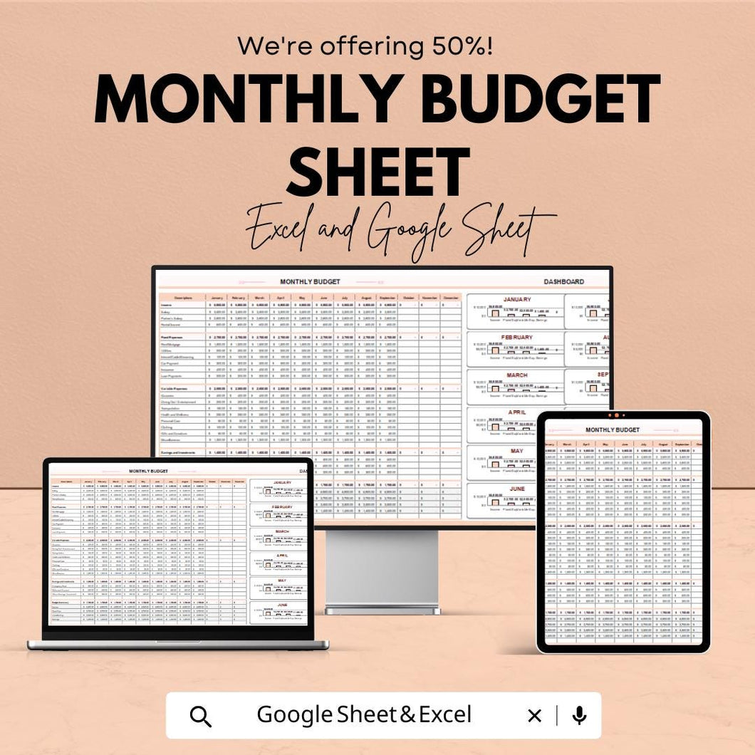 Monthly Budget Sheet - Excel & Google Sheet Template for Personal Finance, Expense Tracker, Budget Planner, Financial Management Tool