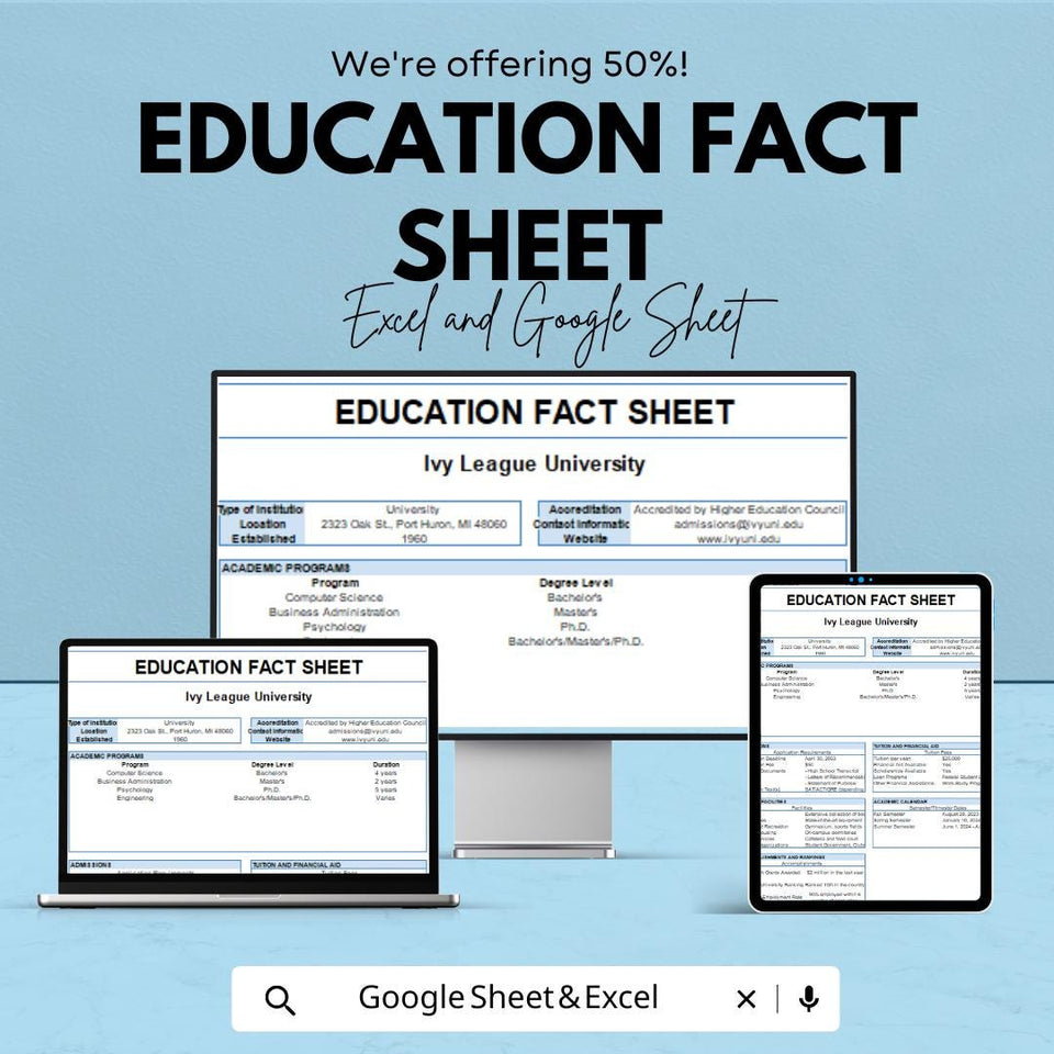 Education Fact Sheet | University Information Template | Program, Tuition and Accreditation | Excel & Google Sheets