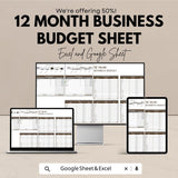 12 Month Business Budget Sheet | Excel and Google Sheets | Budget Planning & Expense Tracking Template | Finance Management Tool