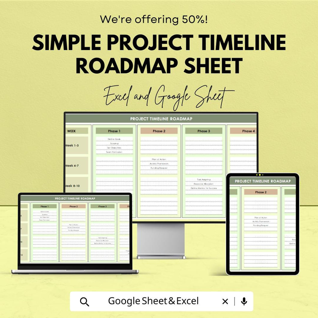 Simple Project Timeline Roadmap Sheet - Excel & Google Sheets - Track Project Phases, Tasks, Milestones - Project Management Template