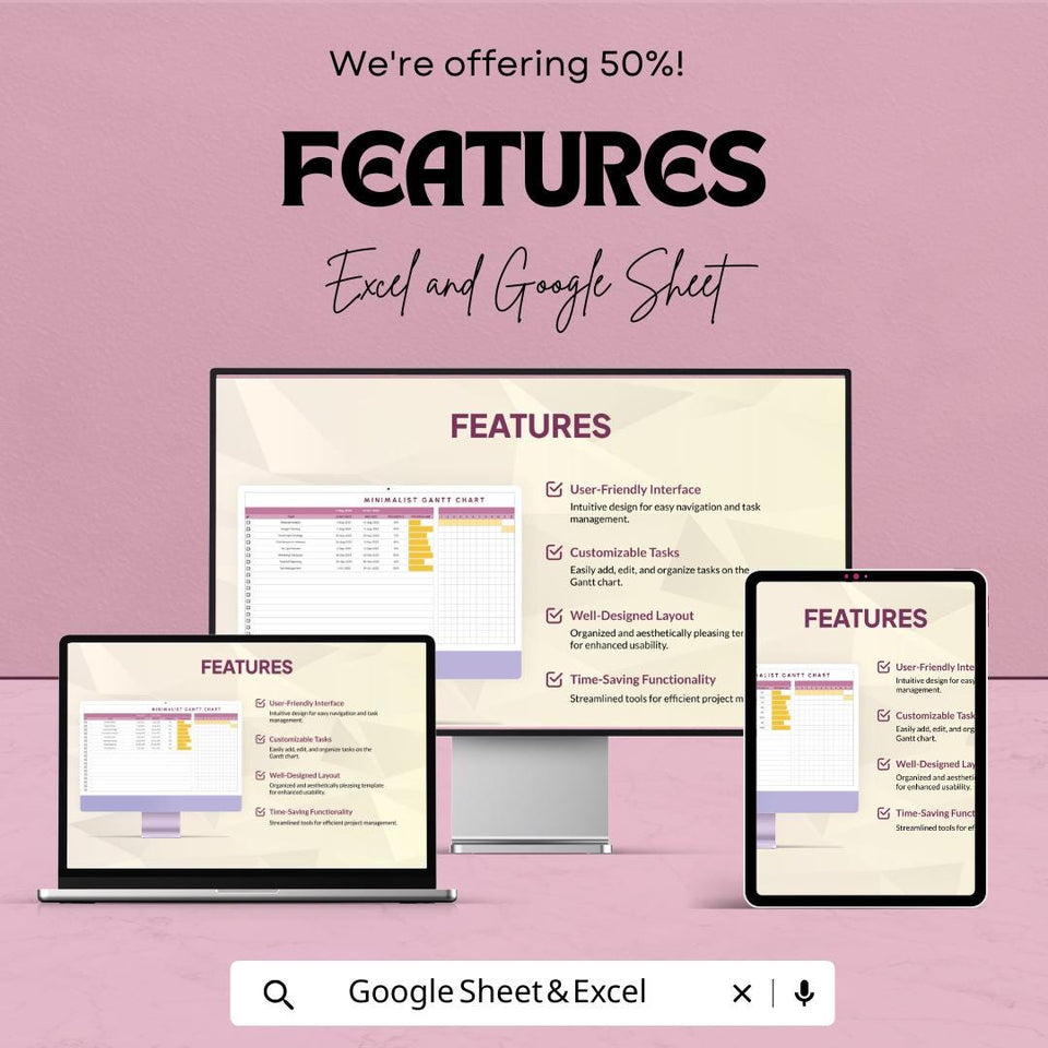Minimalist Gantt Chart Template - Excel & Google Sheets - Project Management Schedule - Customizable Timeline - Task Tracker