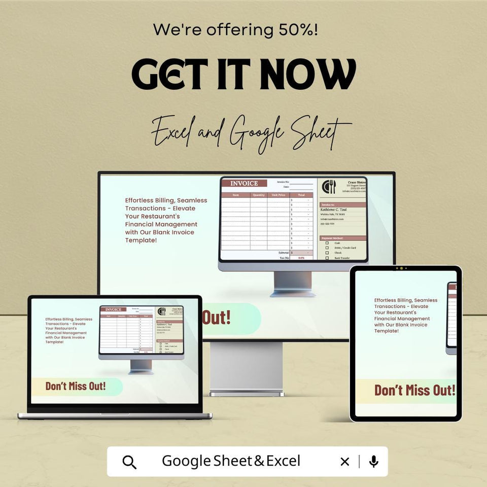 Blank Restaurant Invoice Template - Excel and Google Sheets | Customizable Billing | Tax & Payment Method Integration