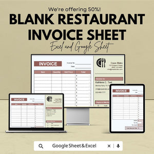 Blank Restaurant Invoice Template - Excel and Google Sheets | Customizable Billing | Tax & Payment Method Integration
