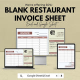 Blank Restaurant Invoice Template - Excel and Google Sheets | Customizable Billing | Tax & Payment Method Integration