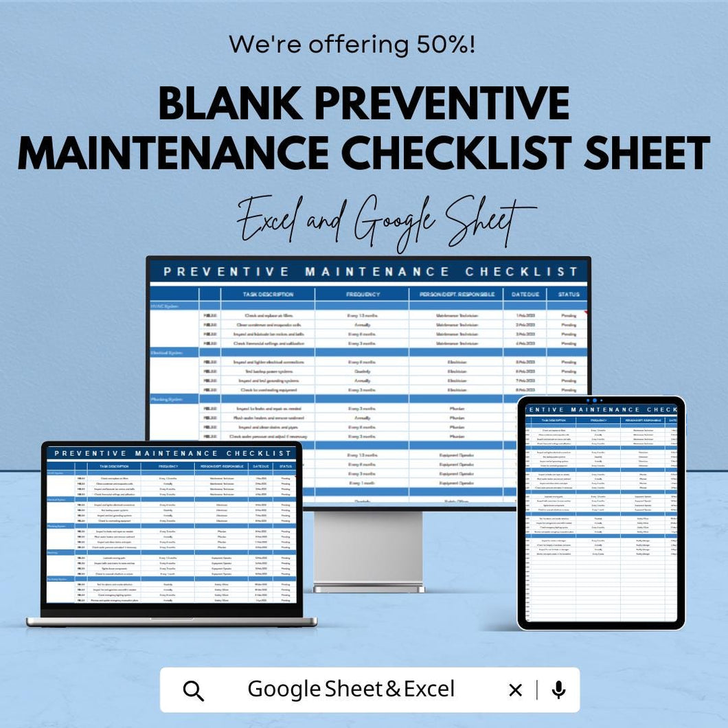 Blank Preventive Maintenance Checklist Sheet for Excel & Google Sheets | Task Management Template | Preventive Maintenance Planner |