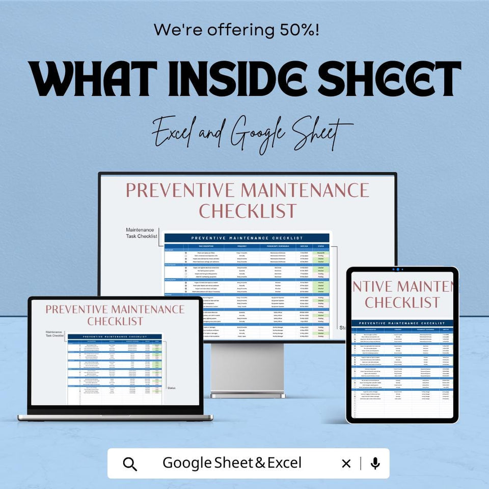 Blank Preventive Maintenance Checklist Sheet for Excel & Google Sheets | Task Management Template | Preventive Maintenance Planner |
