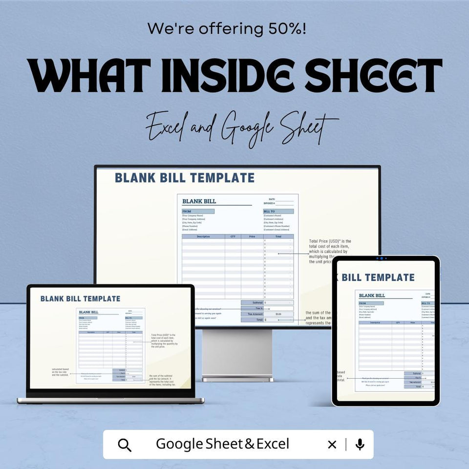 Blank Bill Template Sheet – Customizable Invoice Template for Excel and Google Sheets, Professional Billing, Editable Bill Format,