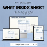 Blank Bill Template Sheet – Customizable Invoice Template for Excel and Google Sheets, Professional Billing, Editable Bill Format,