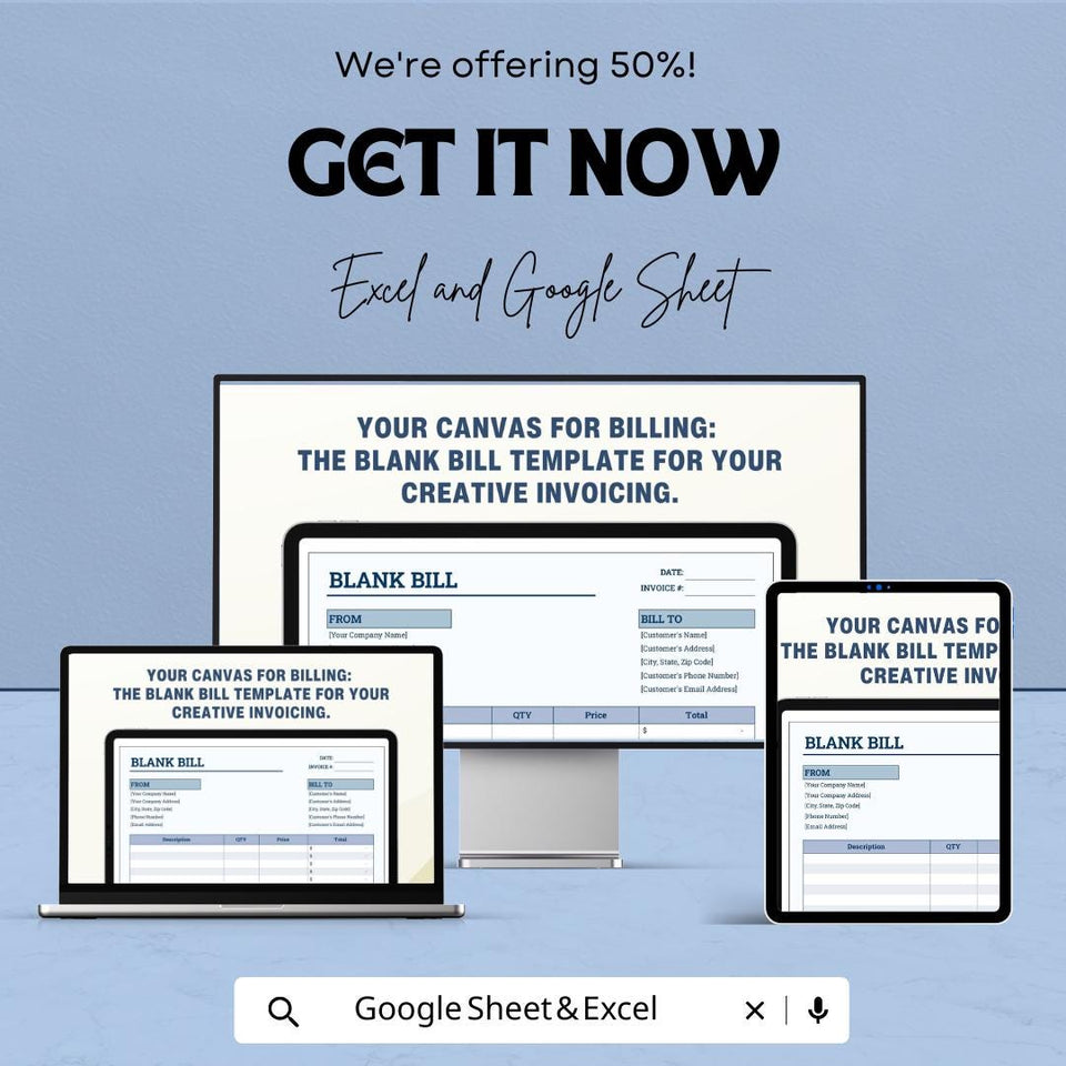 Blank Bill Template Sheet – Customizable Invoice Template for Excel and Google Sheets, Professional Billing, Editable Bill Format,
