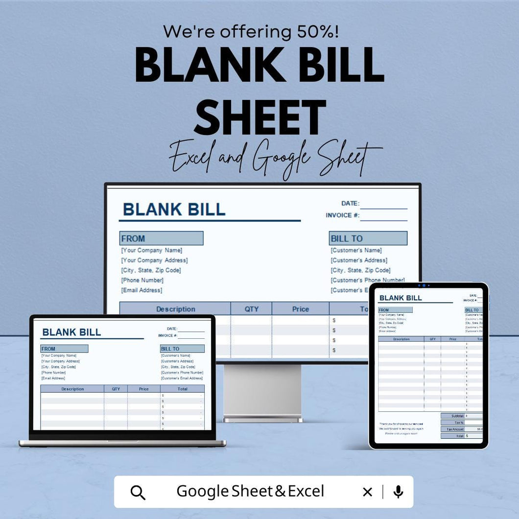 Blank Bill Template Sheet – Customizable Invoice Template for Excel and Google Sheets, Professional Billing, Editable Bill Format,