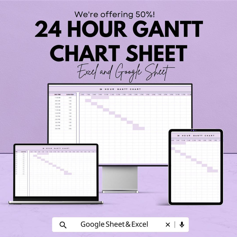 24 Hour Gantt Chart Sheet for Excel & Google Sheets | Project Planner | Time Management Template | Instant Download