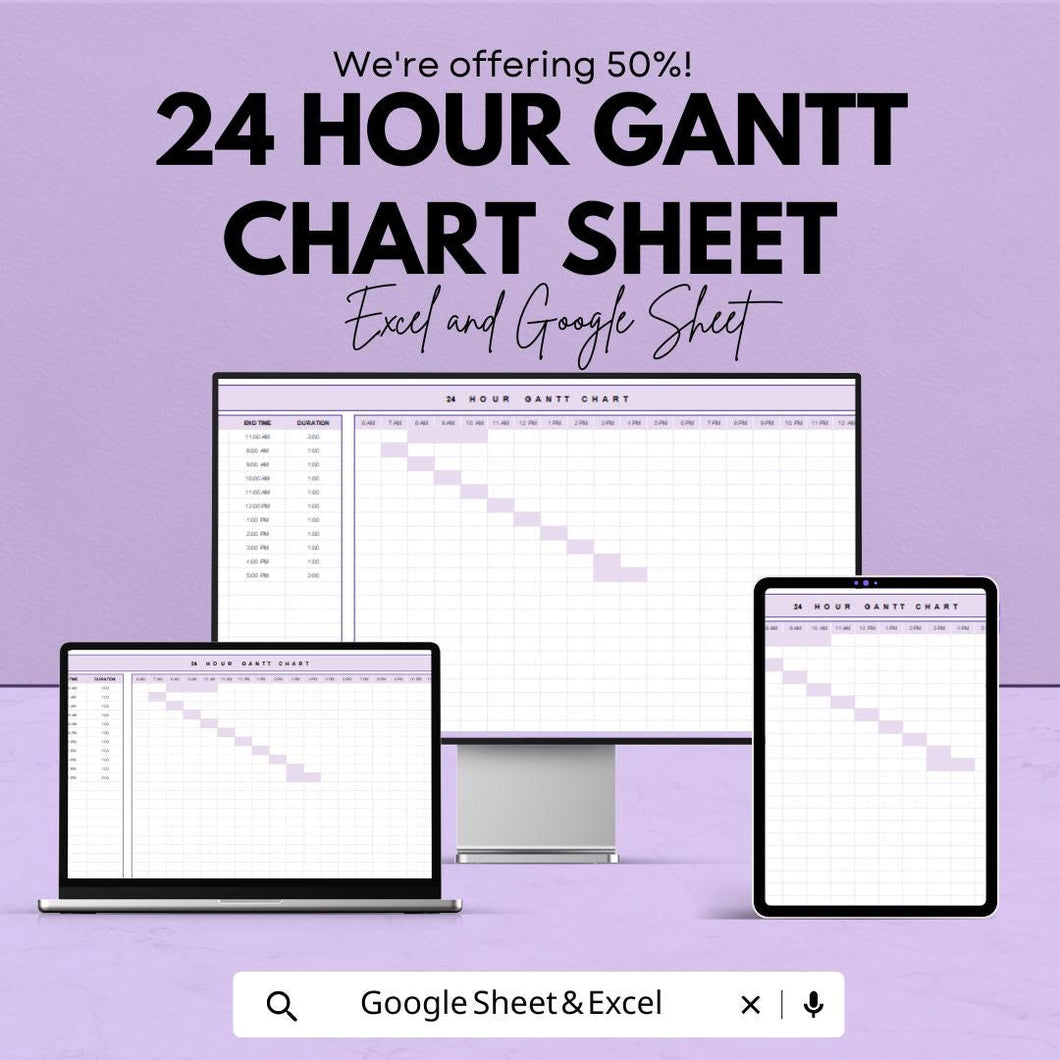 24 Hour Gantt Chart Sheet for Excel & Google Sheets | Project Planner | Time Management Template | Instant Download
