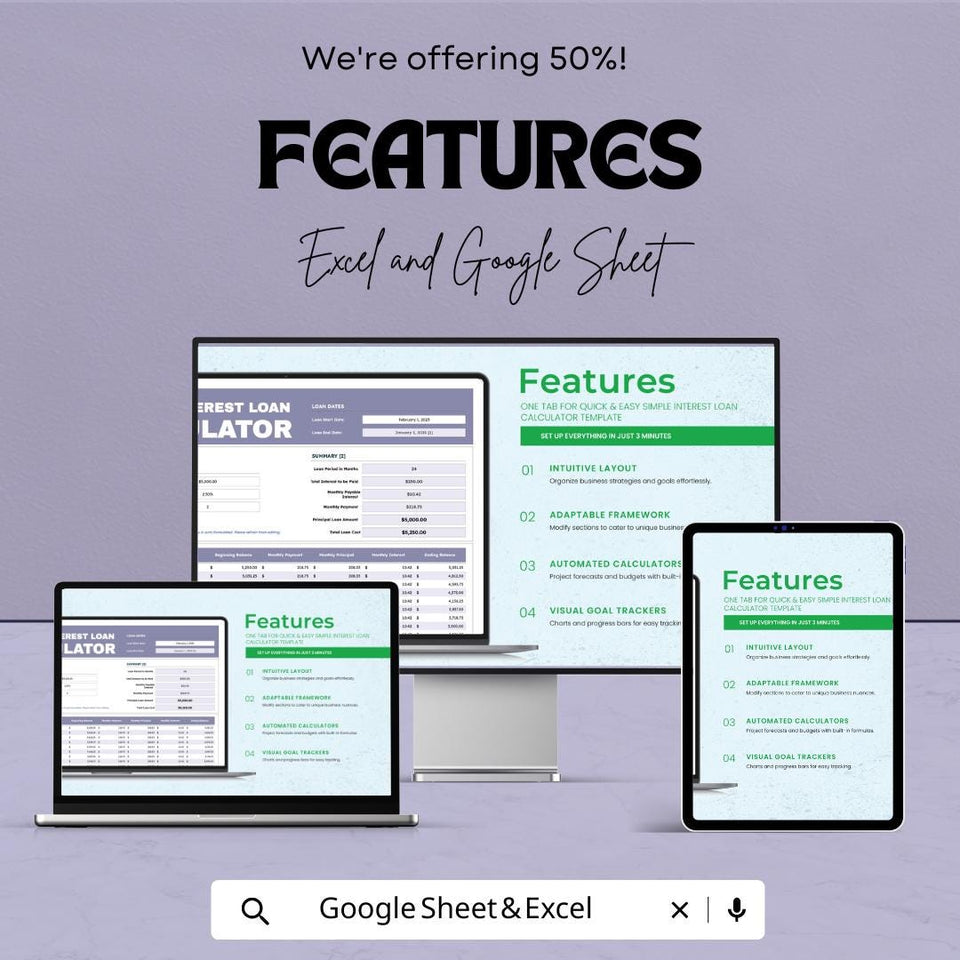 Simple Interest Loan Calculator Sheet | Excel and Google Sheet | Financial Planning Template | Budget & Loan Management | Easy-to-Use