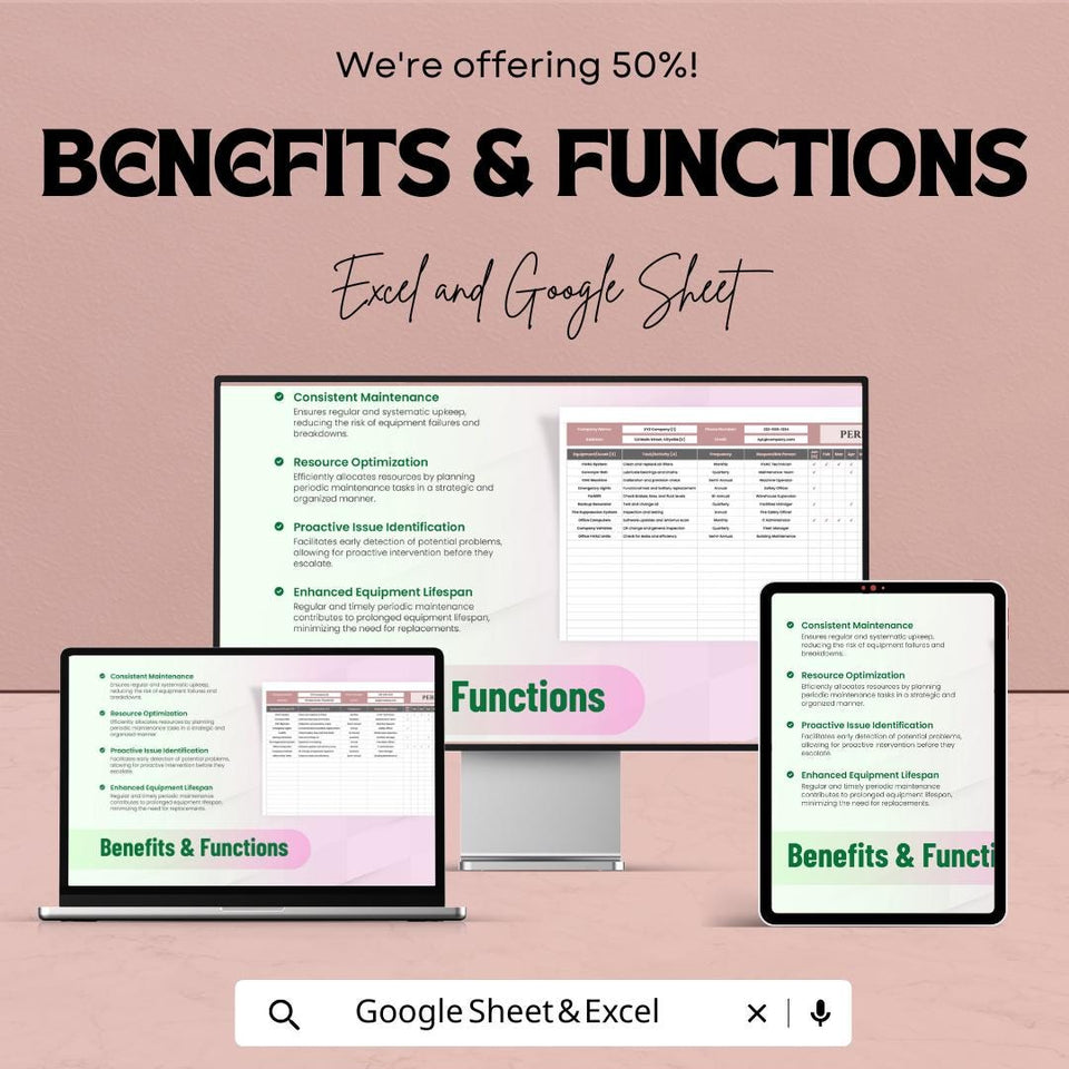 Periodic Maintenance Schedule Sheet - Google Sheets Template - Track Equipment, Service Dates & Maintenance Tasks - Customizable Planner