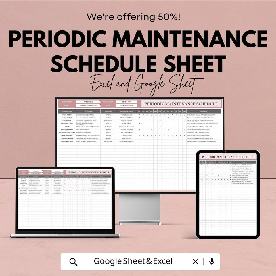 Periodic Maintenance Schedule Sheet - Google Sheets Template - Track Equipment, Service Dates & Maintenance Tasks - Customizable Planner