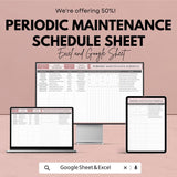 Periodic Maintenance Schedule Sheet - Google Sheets Template - Track Equipment, Service Dates & Maintenance Tasks - Customizable Planner