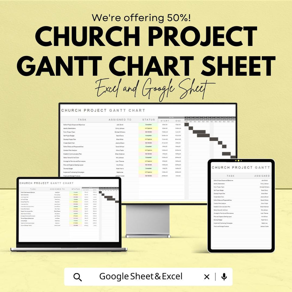 Church Project Gantt Chart Sheet - Excel & Google Sheets Template for Church Project Management