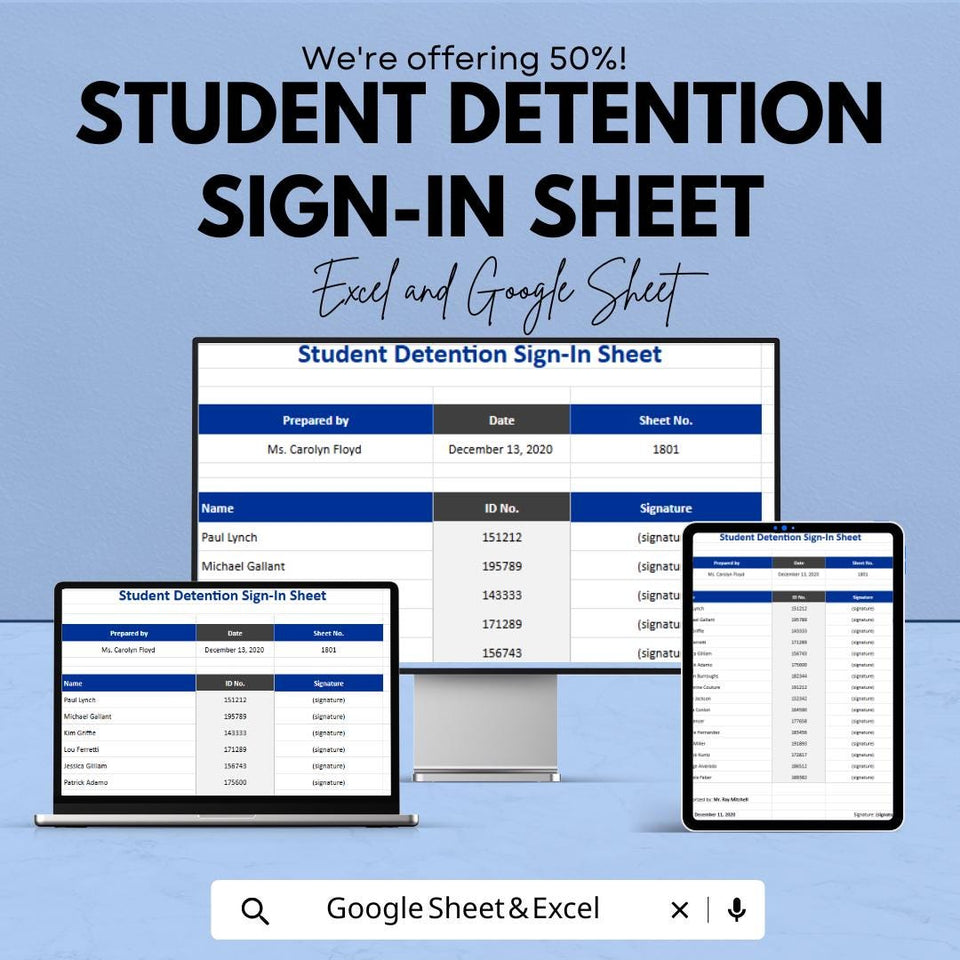 Student Detention Sign-In Sheet – Editable Excel & Google Sheet Template, Attendance Tracker for Schools, Instant Download