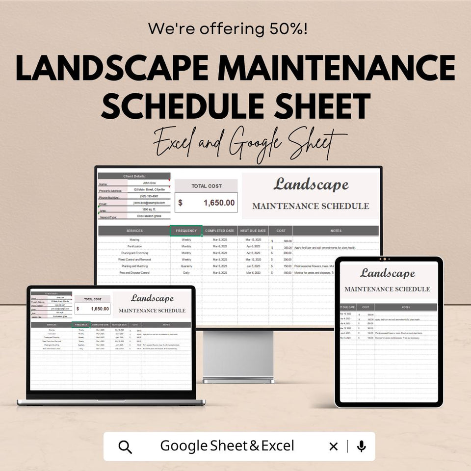 Landscape Maintenance Schedule Template – Editable Excel & Google Sheet | Gardening and Lawn Care Planner | Instant Download