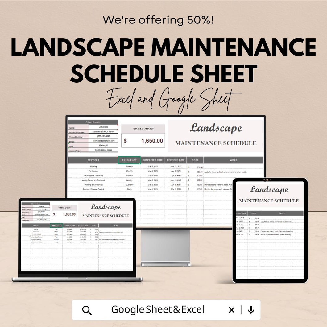 Landscape Maintenance Schedule Template – Editable Excel & Google Sheet | Gardening and Lawn Care Planner | Instant Download