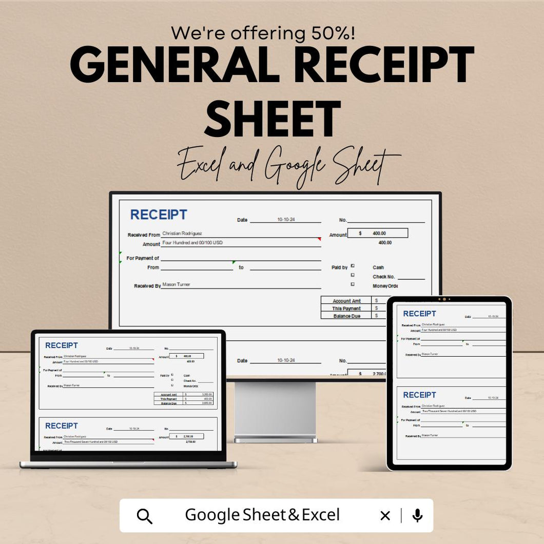 General Receipt Template – Editable Excel & Google Sheet | Instant Download | Perfect for Business and Personal Use