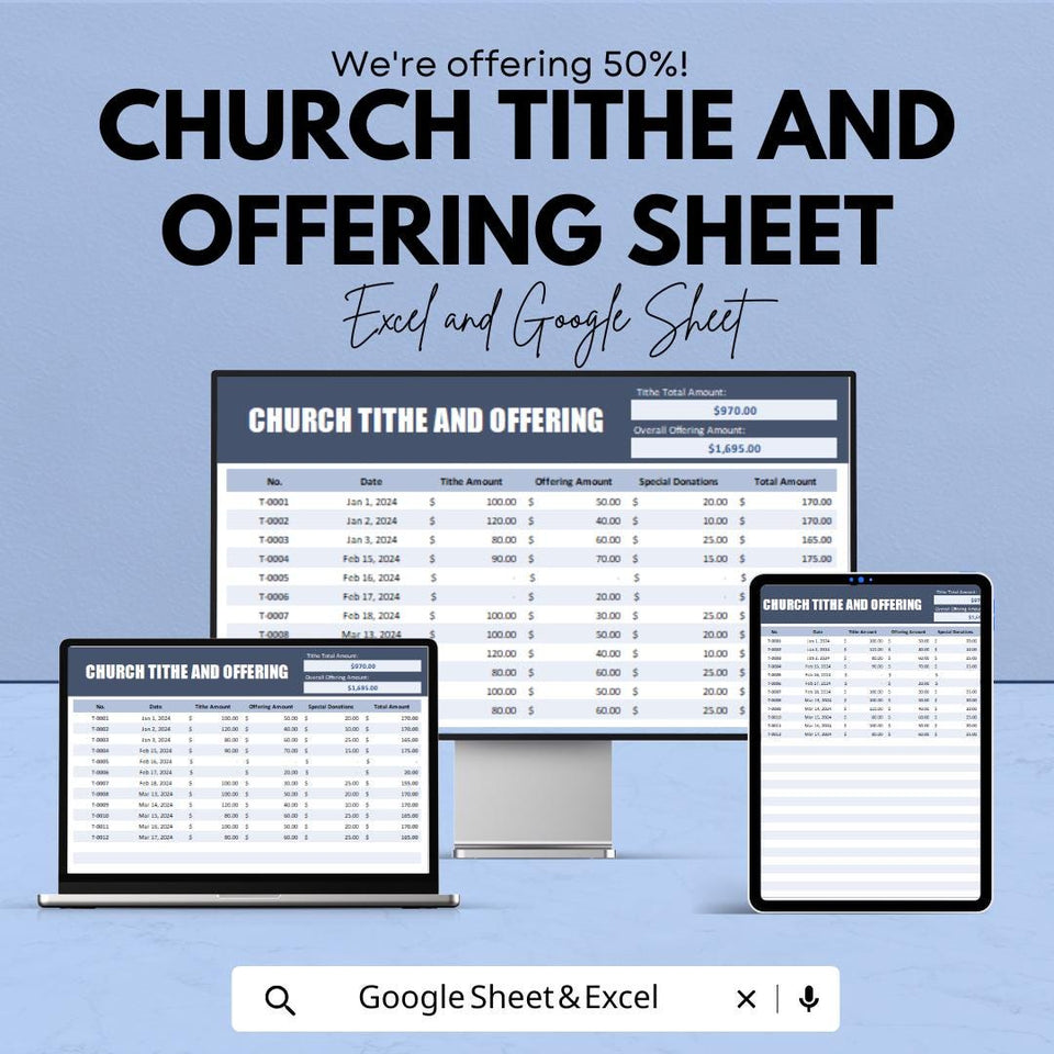 Church Tithe and Offering Sheet - Customizable Excel and Google Sheet Template - Easy-to-Use for Churches & Religious Organizations