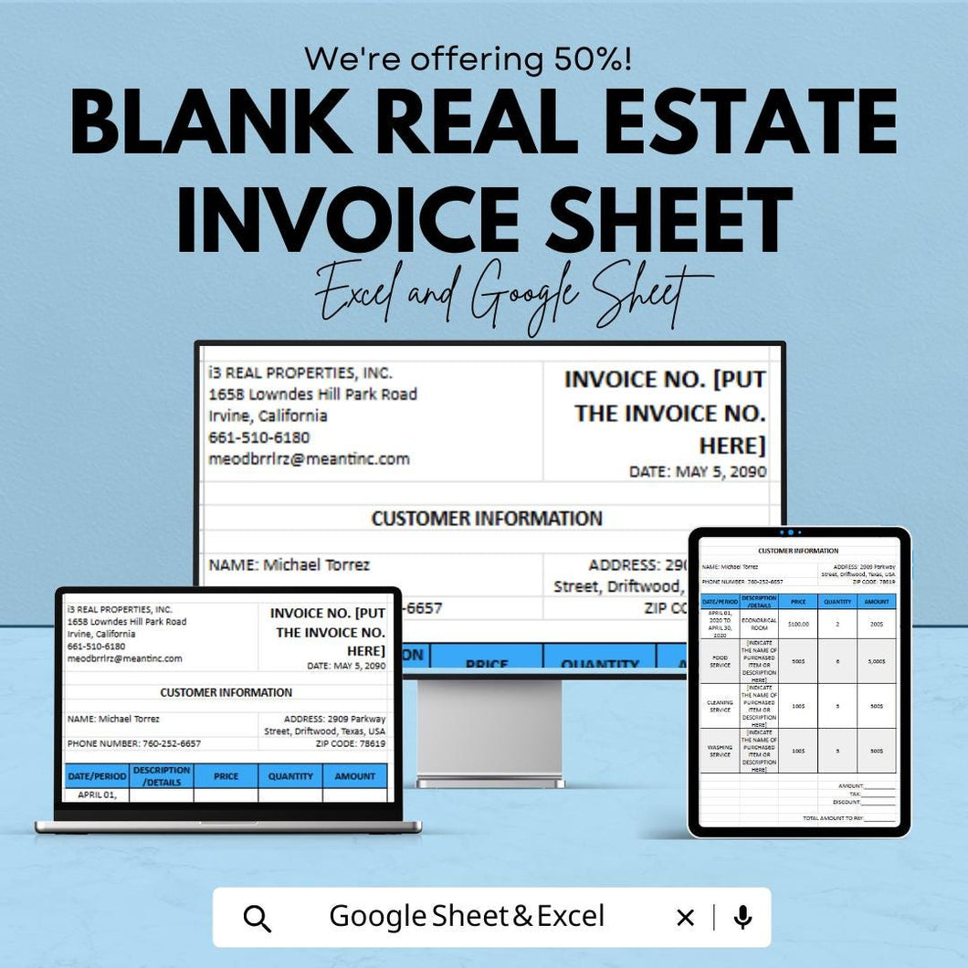Blank Real Estate Invoice Sheet | Excel & Google Sheets Template | Customizable Real Estate Invoice | Instant Download |