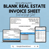 Blank Real Estate Invoice Sheet | Excel & Google Sheets Template | Customizable Real Estate Invoice | Instant Download |