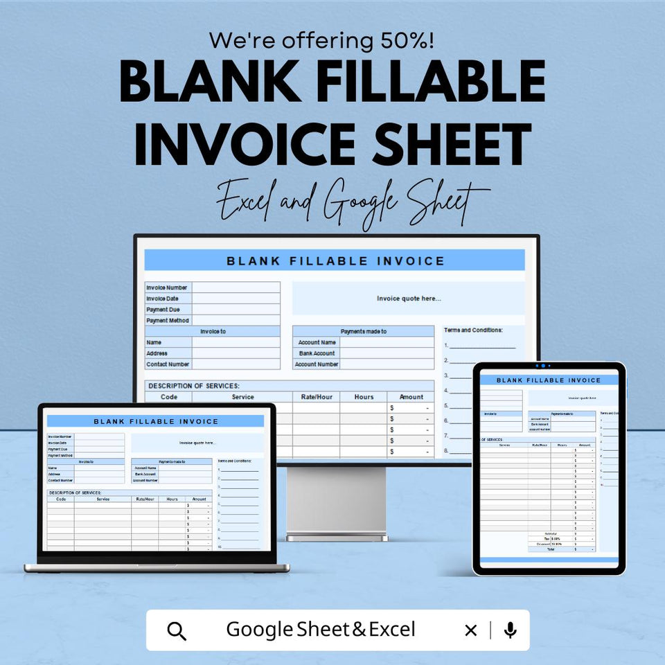Blank Fillable Invoice Template - Customizable Excel & Google Sheets - Professional, Easy-to-Use
