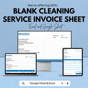 Blank Cleaning Service Invoice Template - Customizable Excel & Google Sheets - Professional, Easy-to-Use