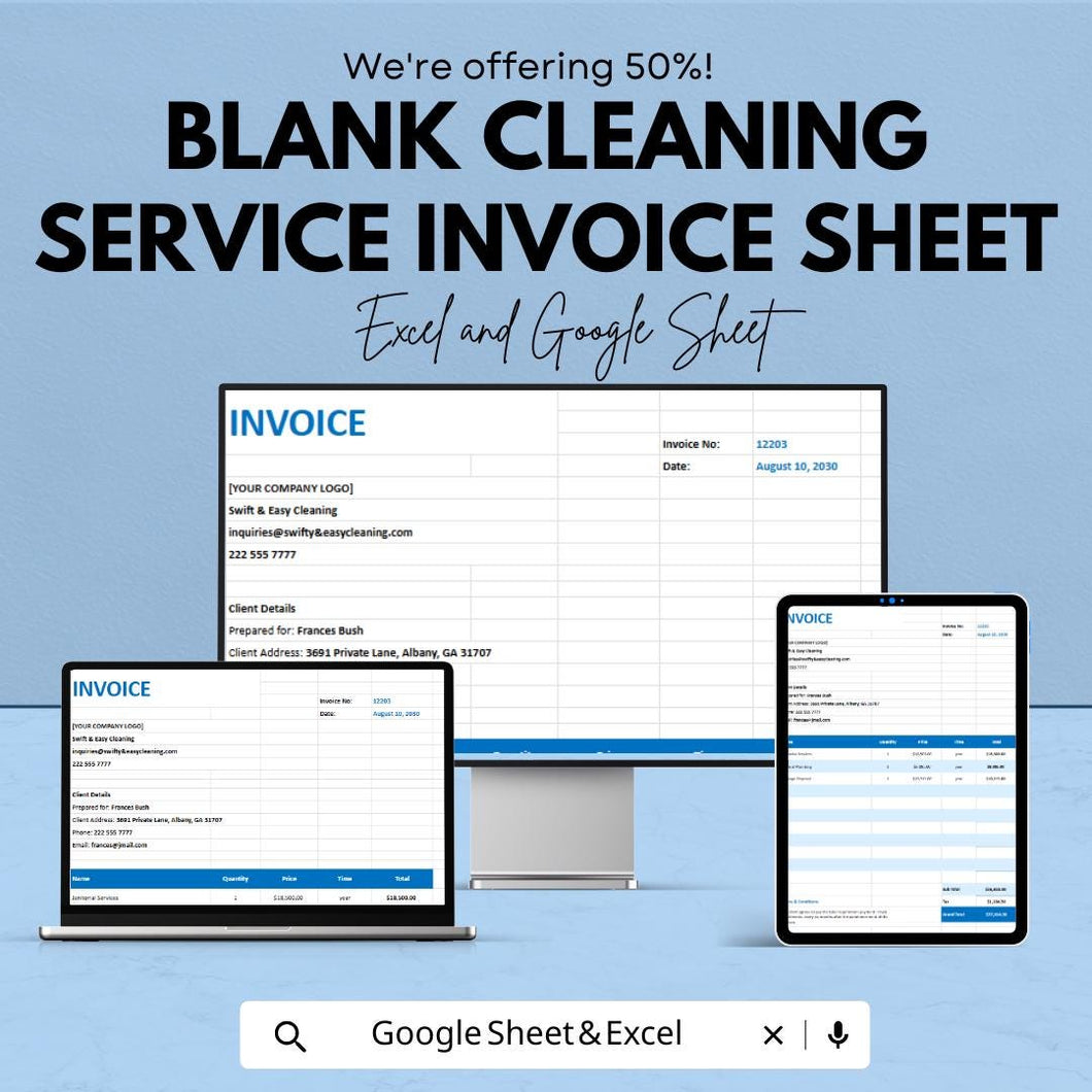 Blank Cleaning Service Invoice Template - Customizable Excel & Google Sheets - Professional, Easy-to-Use