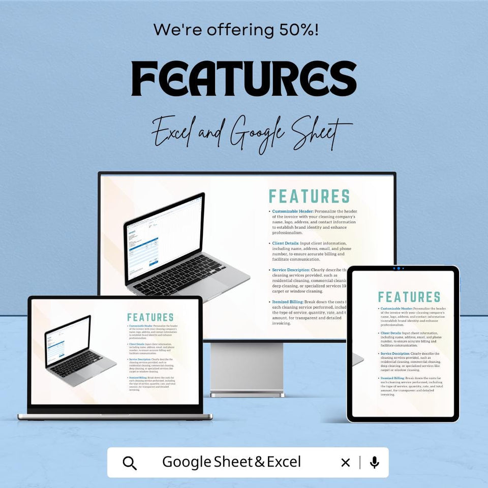 Blank Cleaning Service Invoice Template - Customizable Excel & Google Sheets - Professional, Easy-to-Use