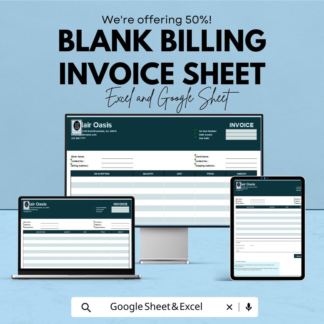 Blank Billing Invoice Sheet | Excel & Google Sheets Template | Invoice Generator | Customizable Billing Template | Instant Download