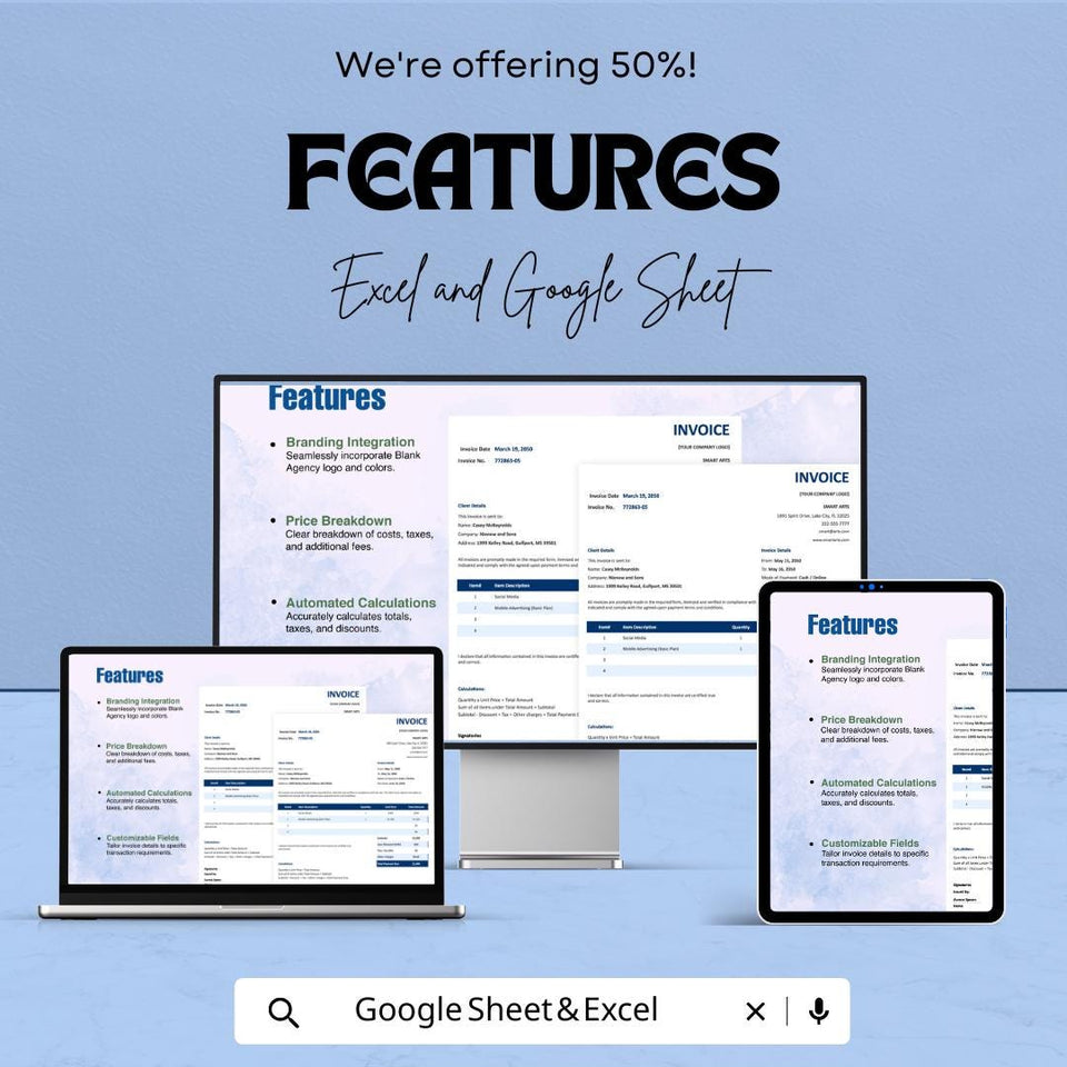 Blank Agency Invoice Template - Customizable Excel & Google Sheets - Easy-to-Use Professional Invoice