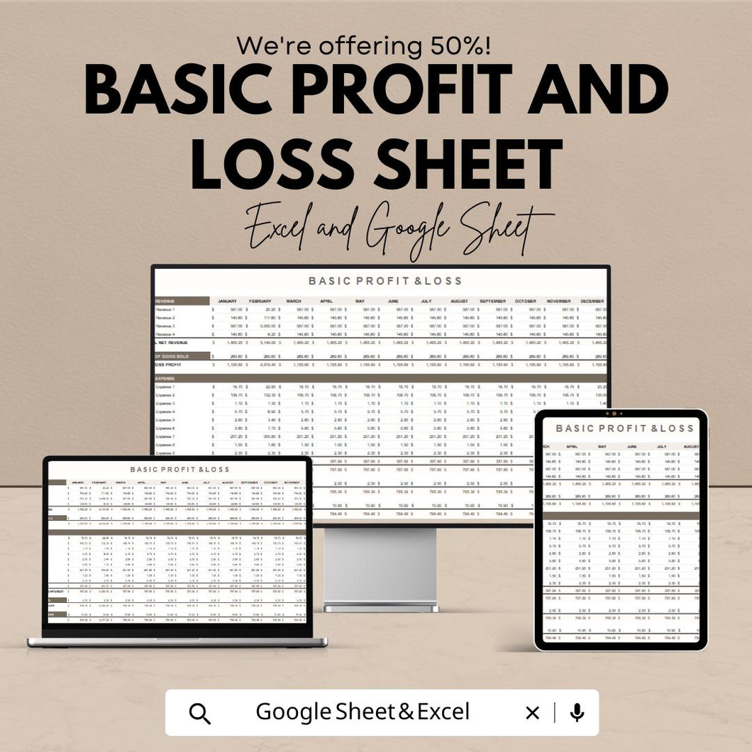Basic Profit and Loss Sheet - Excel & Google Sheets Template - Simple, Easy-to-Use Financial Tracker